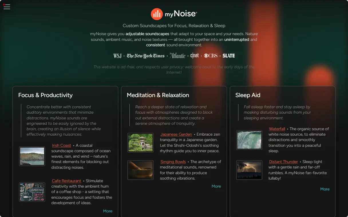 mynoise.net 첫 화면