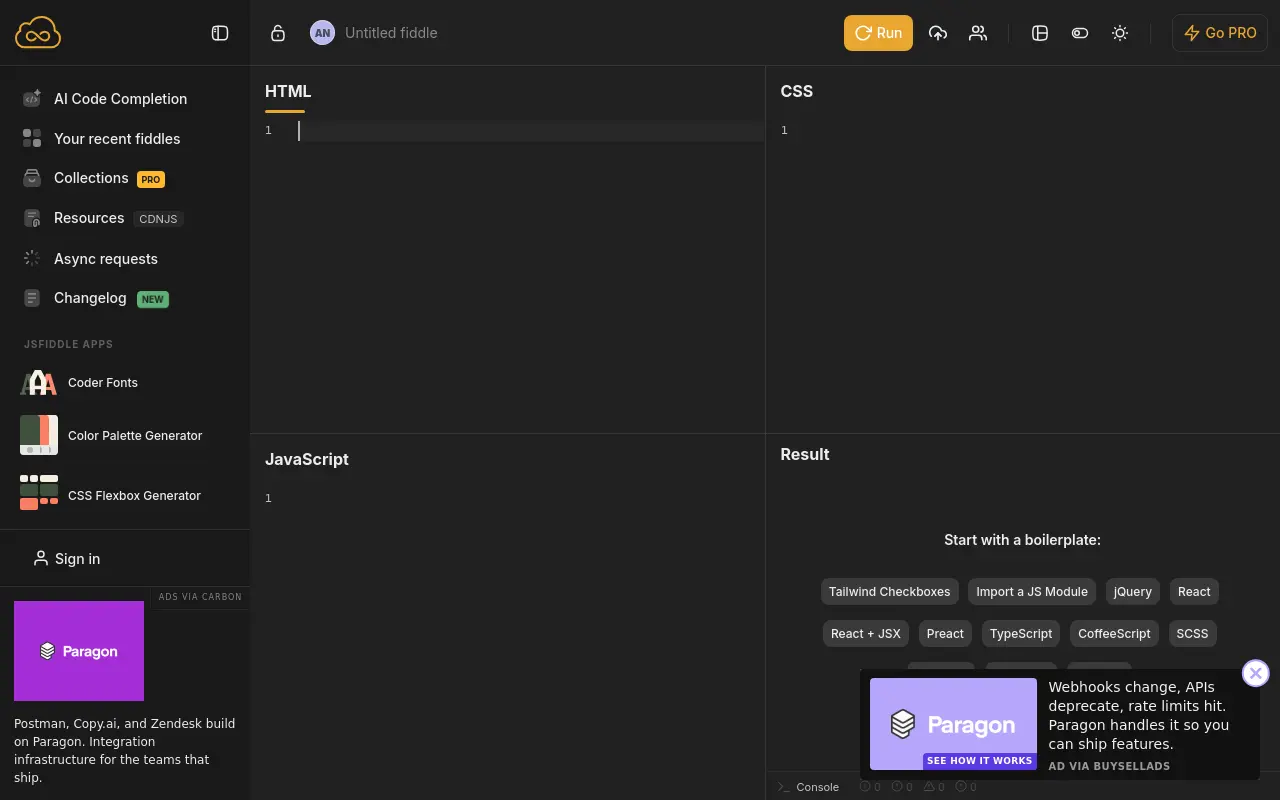 jsfiddle.net 첫 화면
