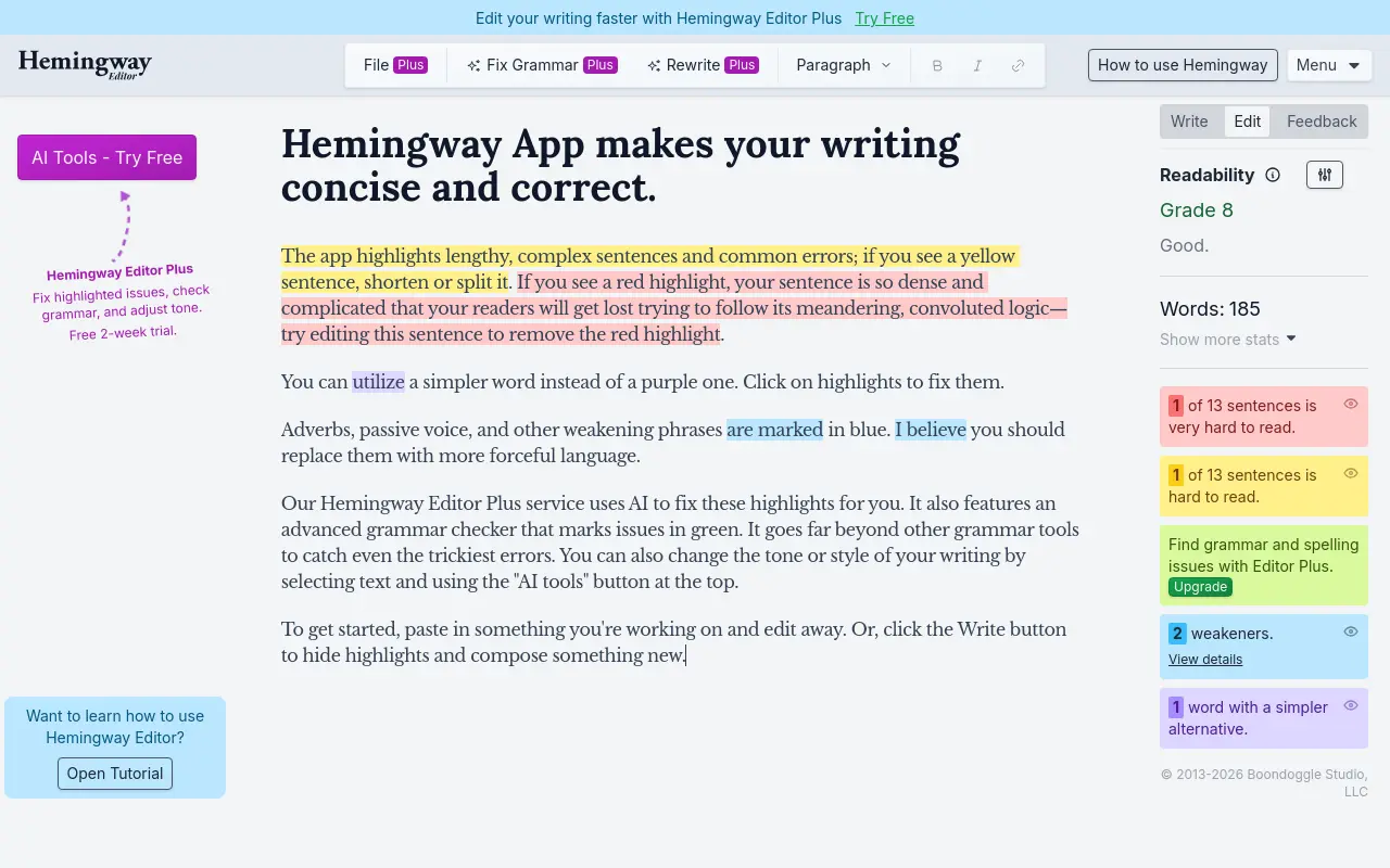 hemingwayapp.com 첫 화면