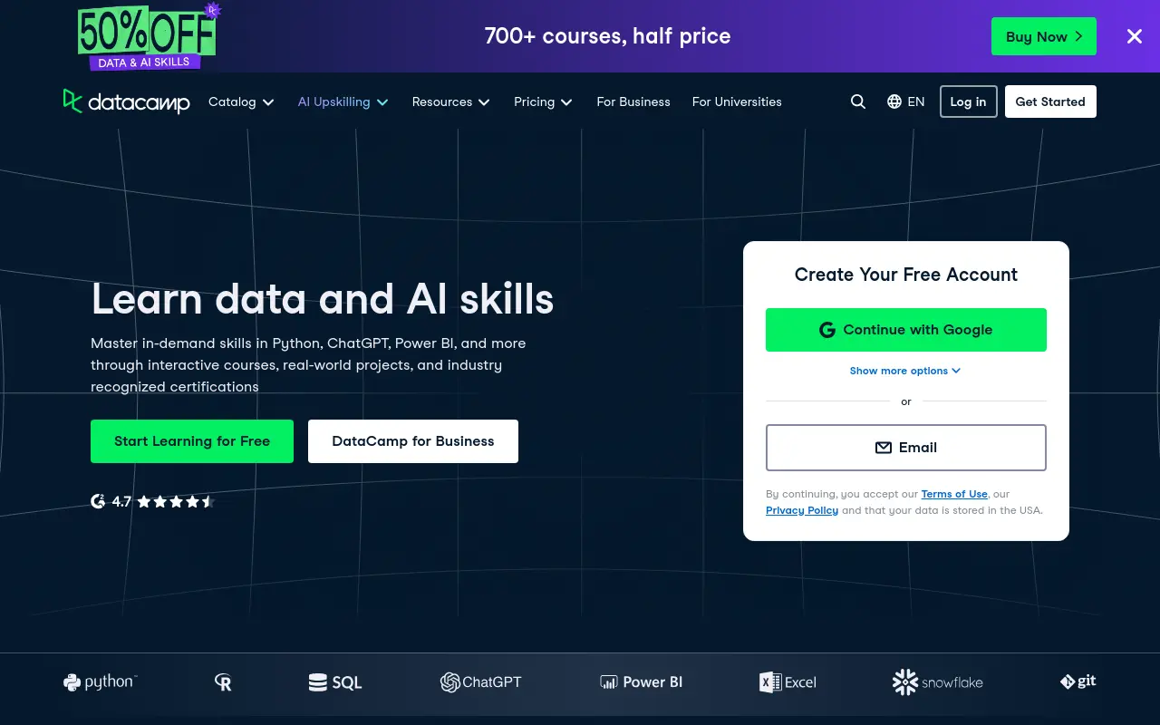 datacamp.com 첫 화면