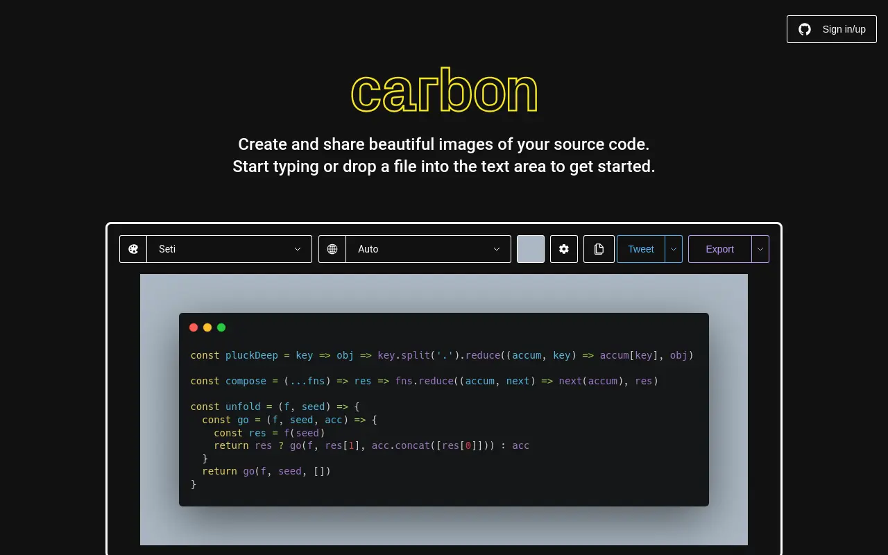 carbon.now.sh 첫 화면