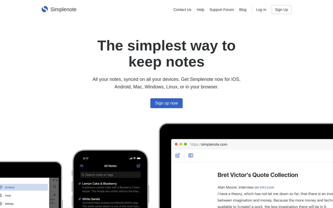 simplenote.com 첫 화면