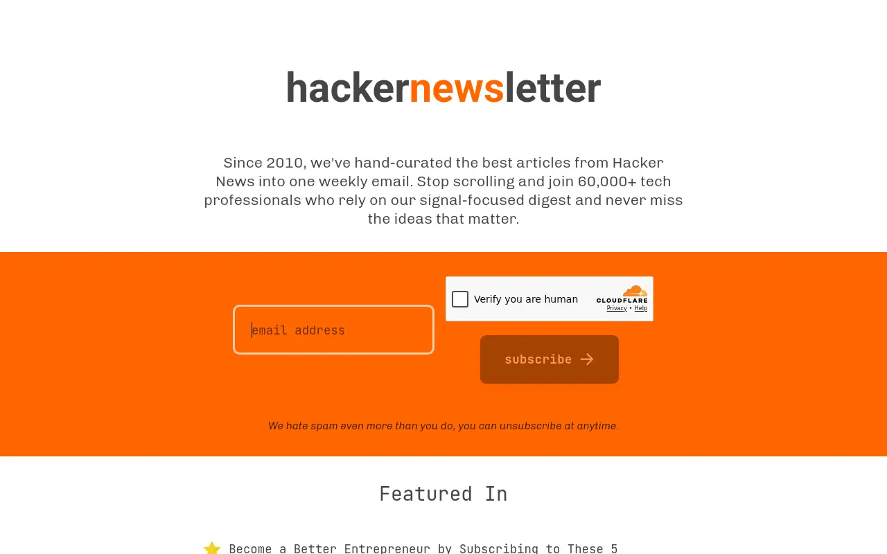 hackernewsletter.com 첫 화면