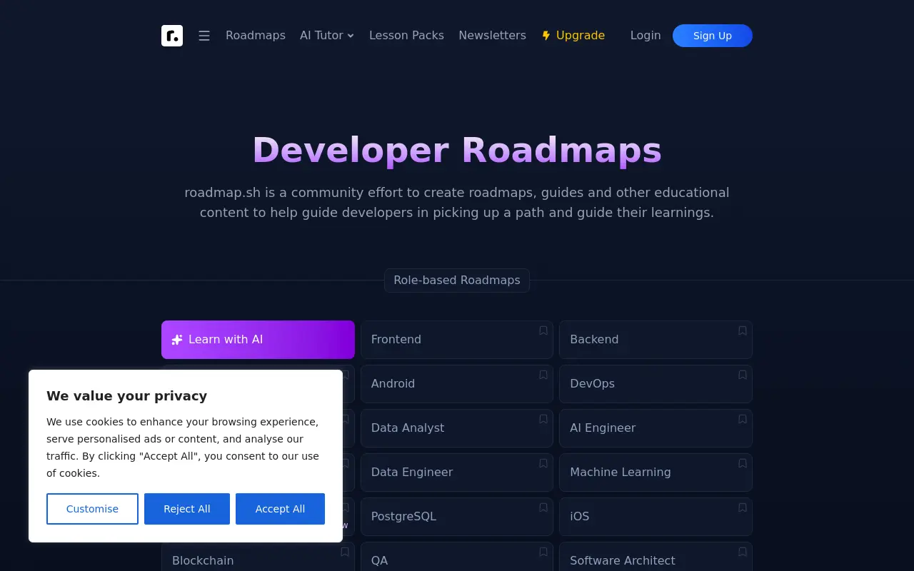 roadmap.sh 첫 화면