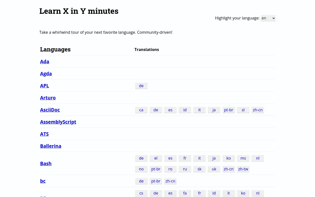 learnxinyminutes.com 첫 화면