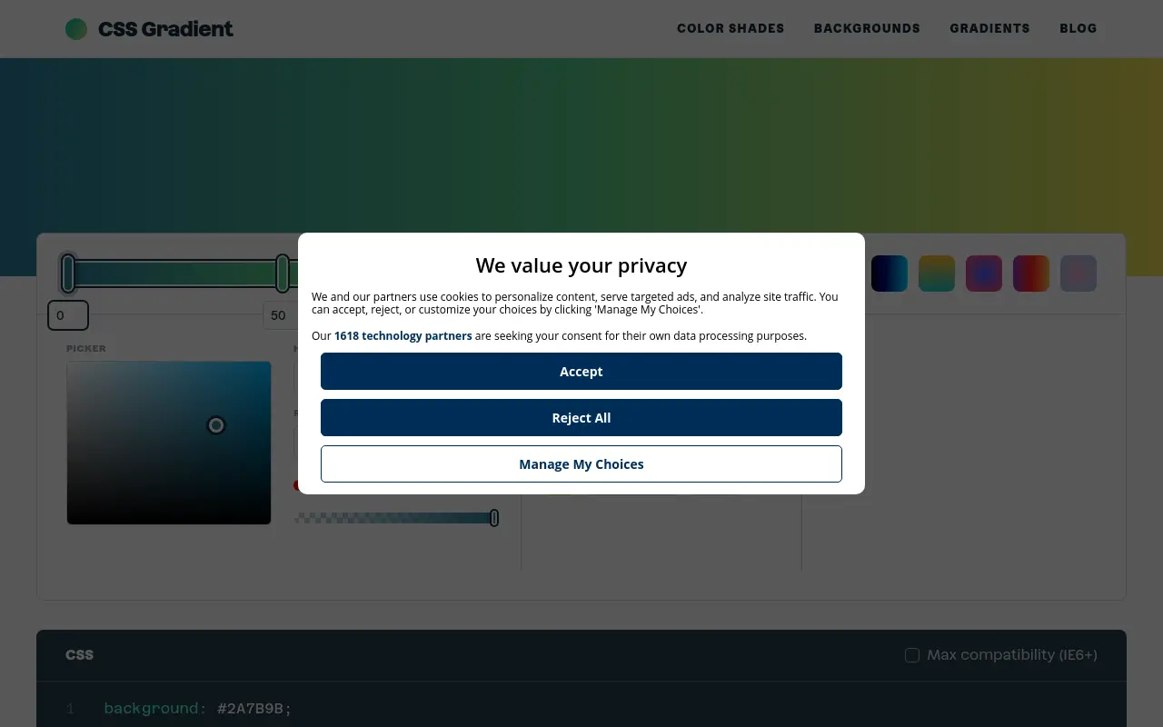 cssgradient.io 첫 화면