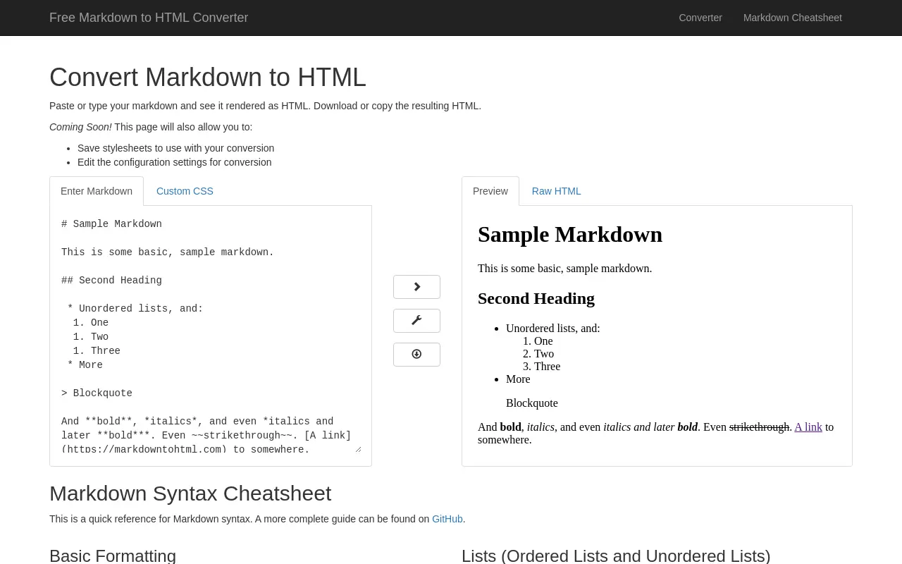 markdowntohtml.com 첫 화면